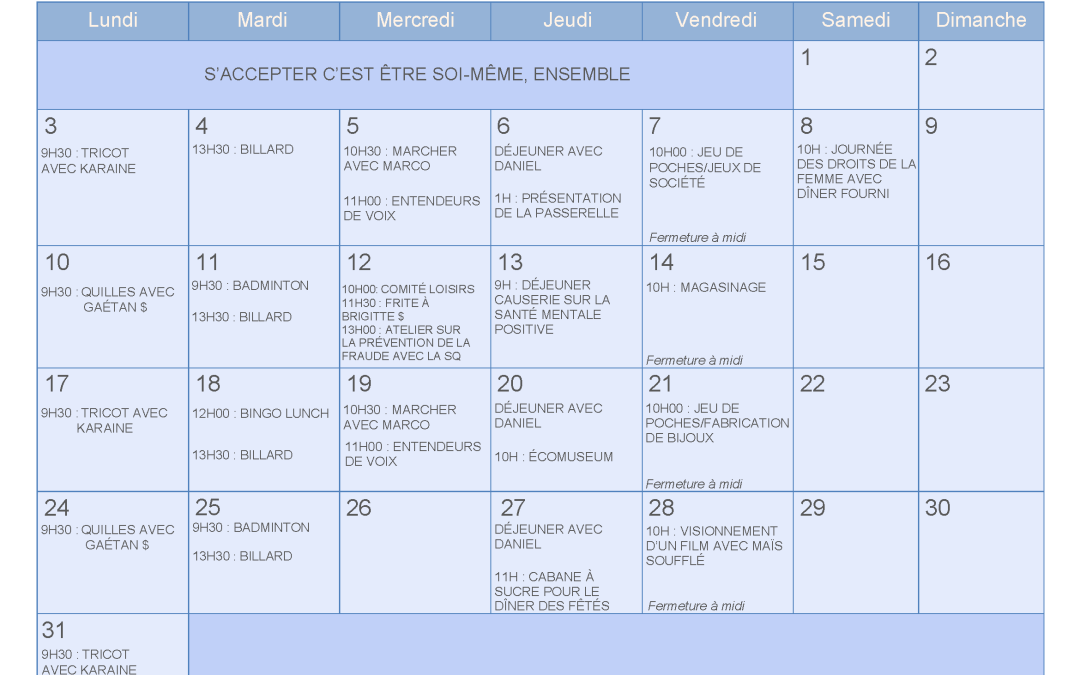 Calendrier – Mars 2025