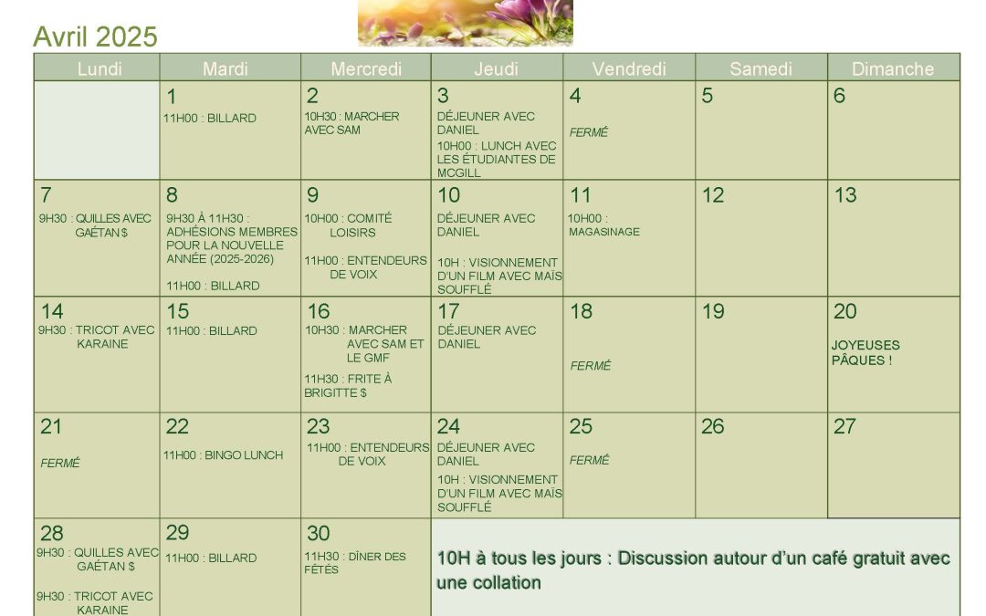 Calendrier – Avril 2025