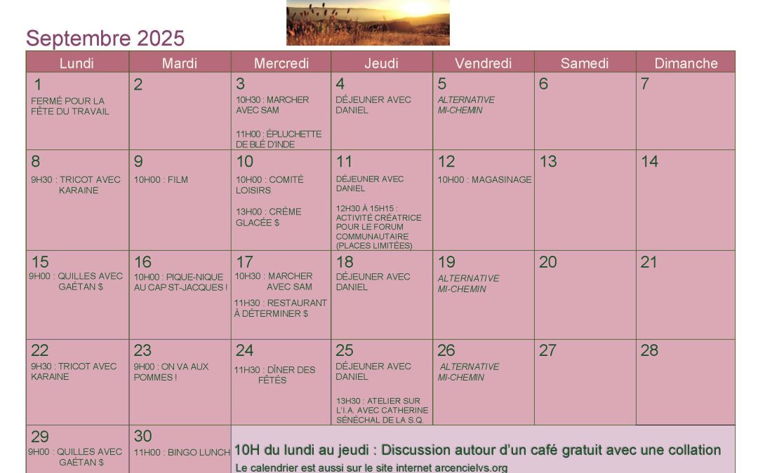 Calendrier – Septembre 2025