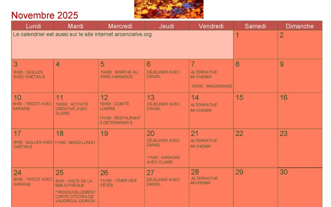 Calendrier – Novembre 2025