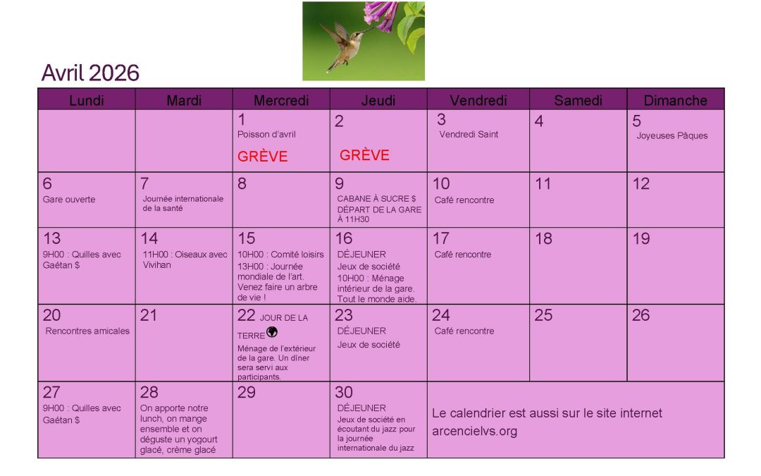 Calendrier – Avril 2026