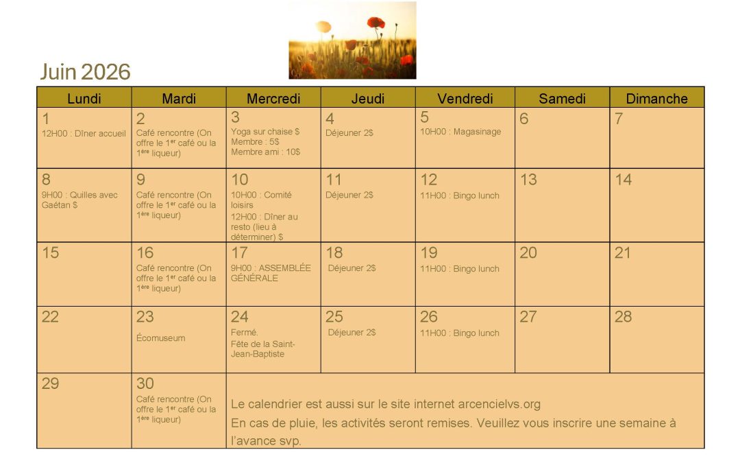 Calendrier – Juin 2026