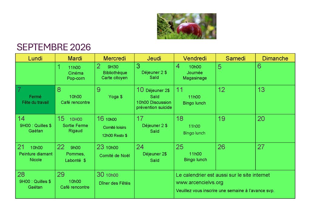 Calendrier des activités de septembre 2026 – Arc-en-ciel (Vaudreuil-Soulanges)