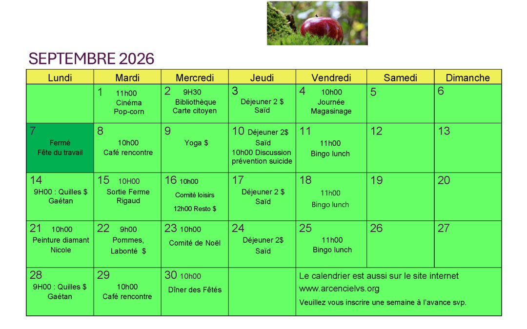 Calendrier – Septembre 2026